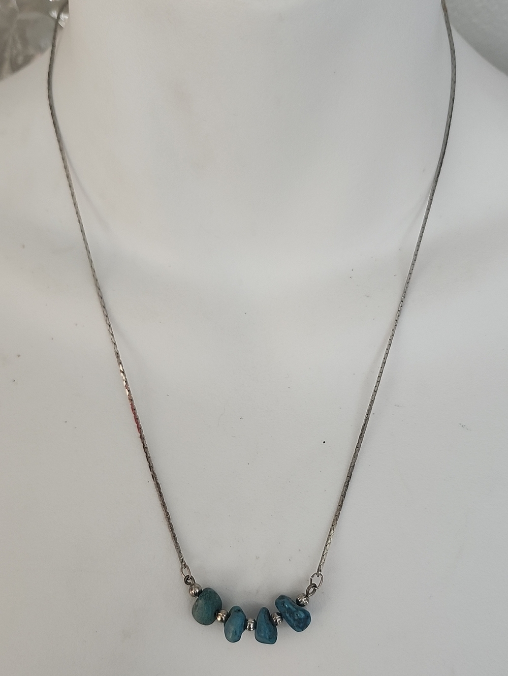 Silver Tone Chain Necklace With Small Turquoise Stone Beads